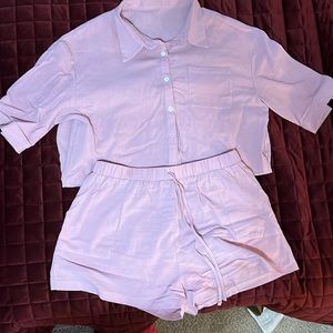 Large casual 2 pc short set with elastic waste, button down collared shirt